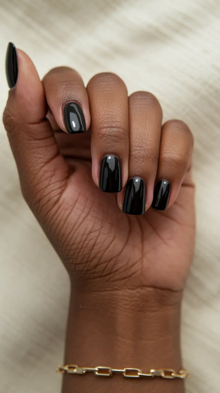 Fall 2025 Nail Colors for Brown Skin Ink Black Gloss on Short Square Nails