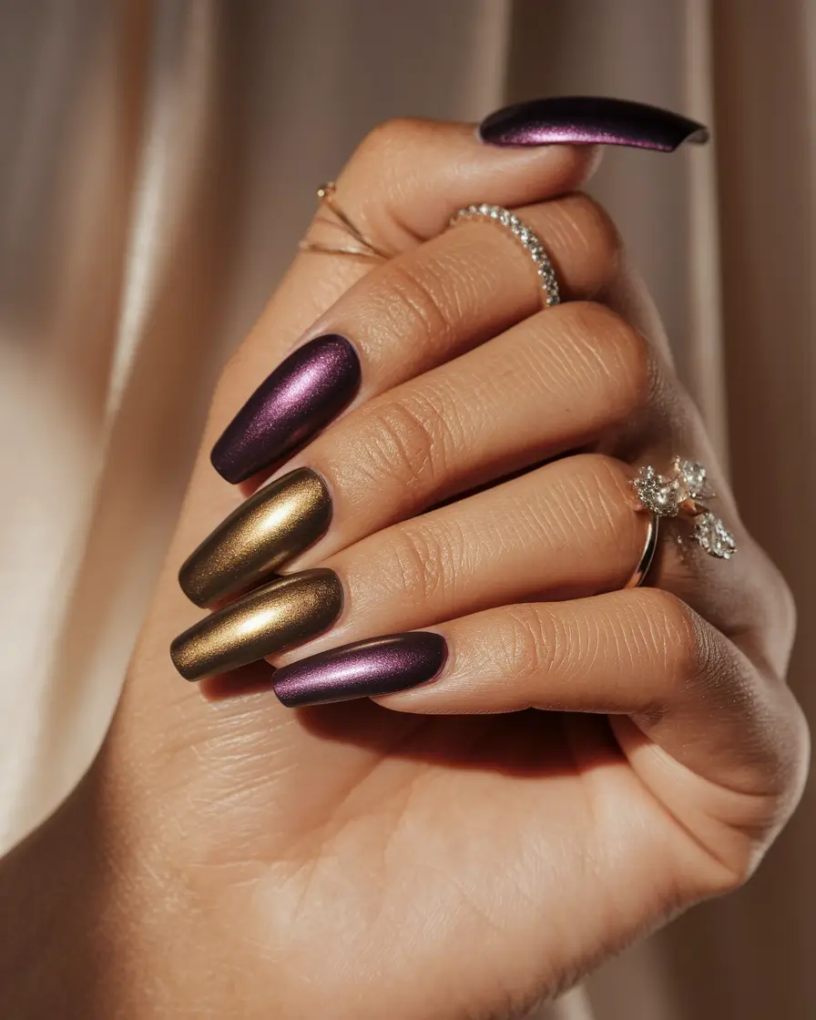 Fall 2025 Nail Colors for Brown Skin Velvet Metallic Duo in Plum & Gold