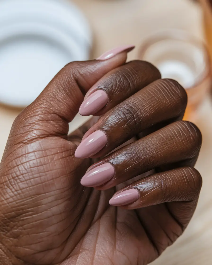 Fall 2025 Nail Colors for Brown Skin Soft Dusty Rose Almond Nails