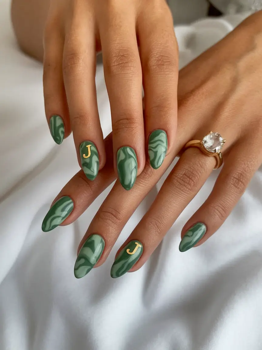 Fall 2025 Nail Colors for Brown Skin Green Marble With Gold Initials