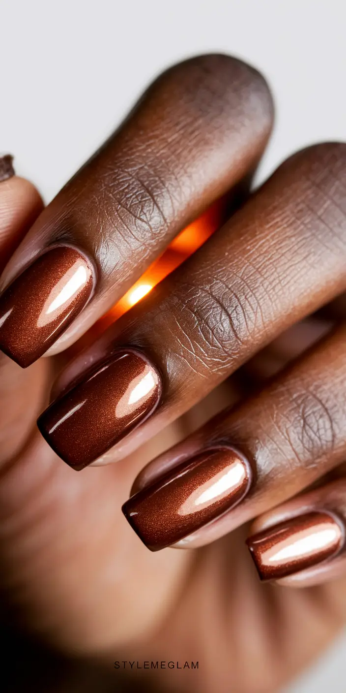 Fall 2025 Nail Colors for Brown Skin Molten Cinnamon Chrome
