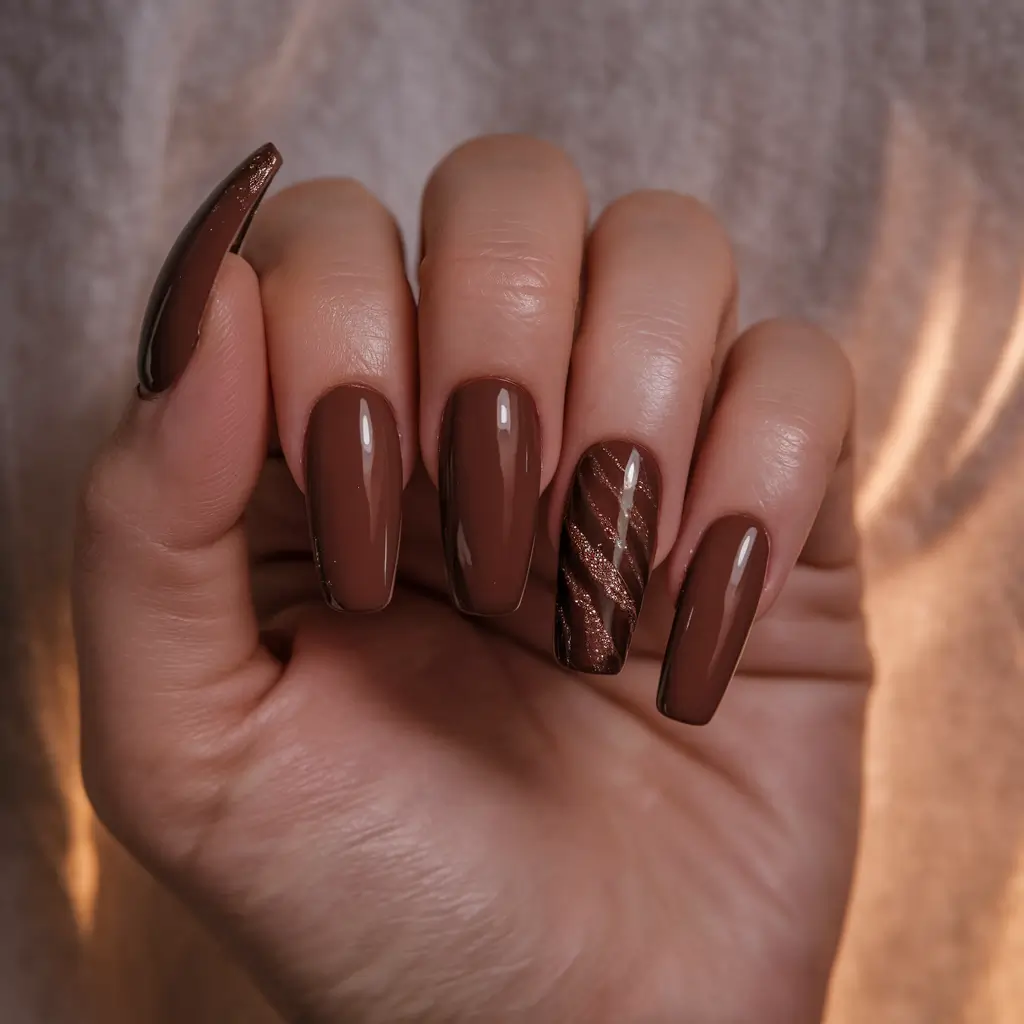 Fall 2025 Nail Colors for Medium Skin - Chocolate Brown with Glitter Accent