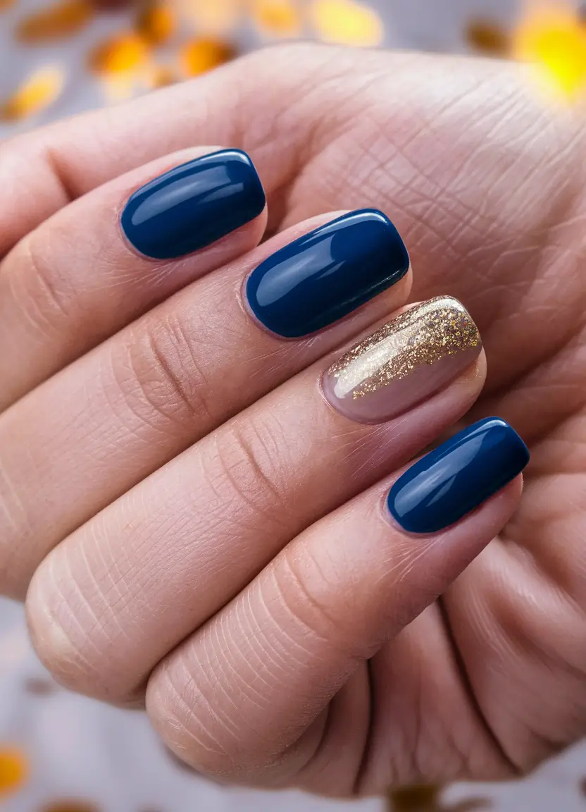 Fall 2025 Nail Colors for Medium Skin - Dark Navy Blue with Gold Glitter