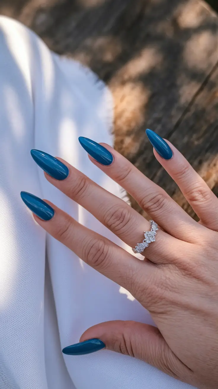 Fall 2025 Nail Colors for Medium Skin - Teal Glossy Almond Nails
