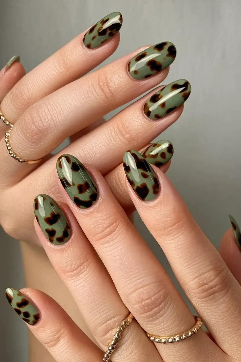 Fall 2025 Nail Colors for Medium Skin - Olive Green with Leopard Print Accent