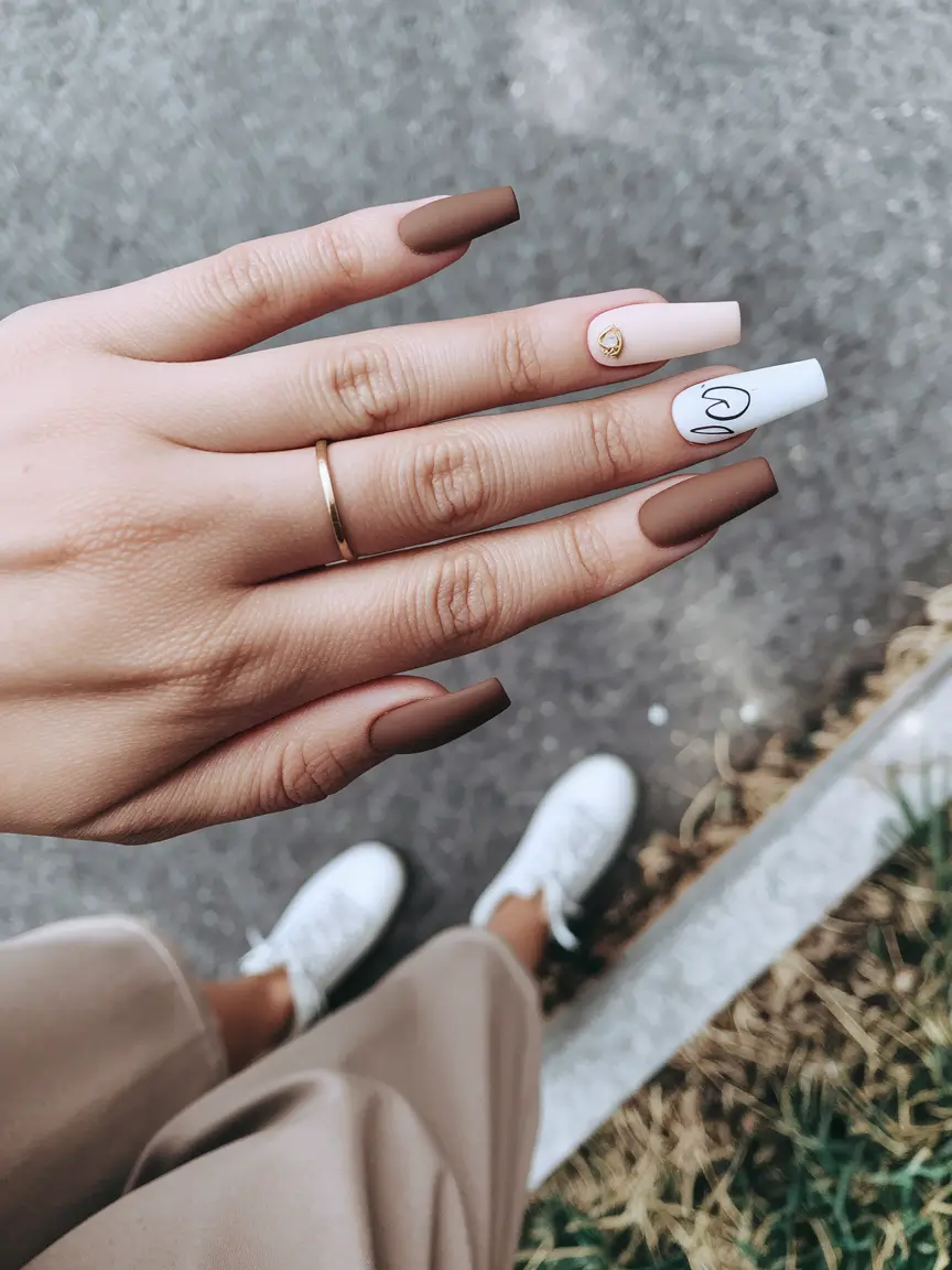 Fall ballerina nails Matte Mocha with Minimalist Accents