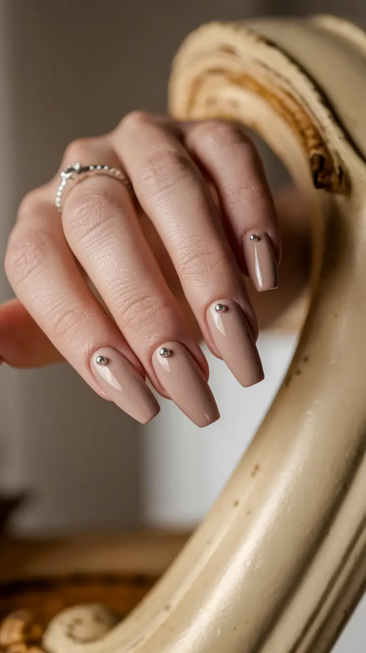 Fall ballerina nails Minimal Nude with a Silver Stud