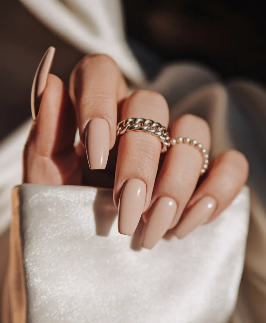 Fall ballerina nails Beige Perfection with a Glossy Finish