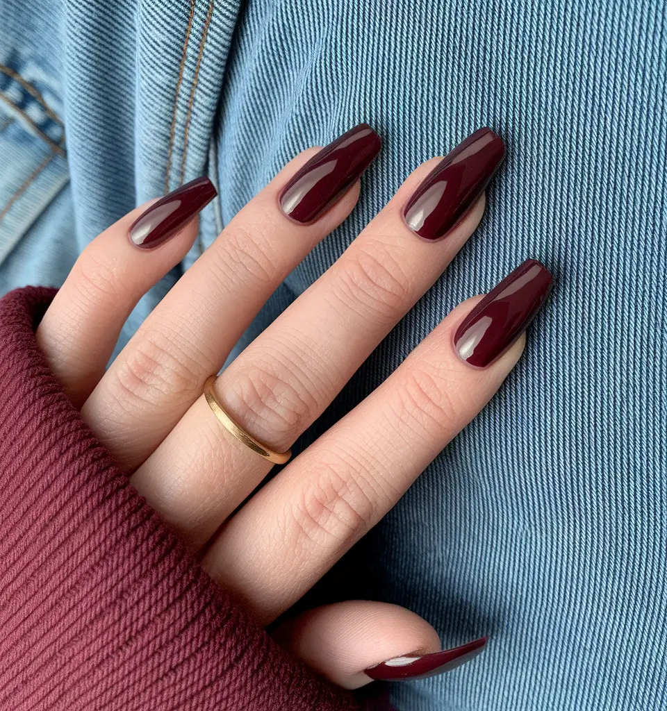 Fall ballerina nails Deep Red on Denim Days