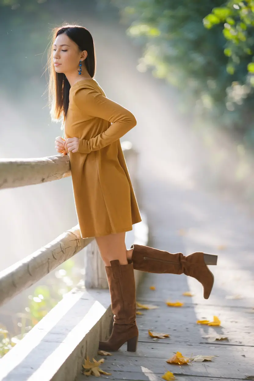 fall fashion outfits ideas 2025 – Honey-Toned Mini & Misty-Morning Boots