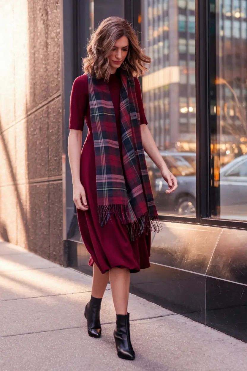 fall fashion outfits ideas 2025 – Burgundy Midi & Heritage Scarf Stroll