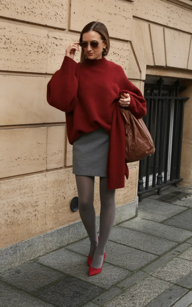fall fashion outfits ideas 2025 – Oversize Merlot Knit & Grey Mini Remix