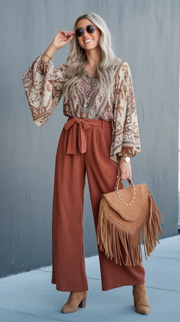 fall fashion outfits ideas 2025 – Boho Blouse & Rust-Wide Cord Trousers