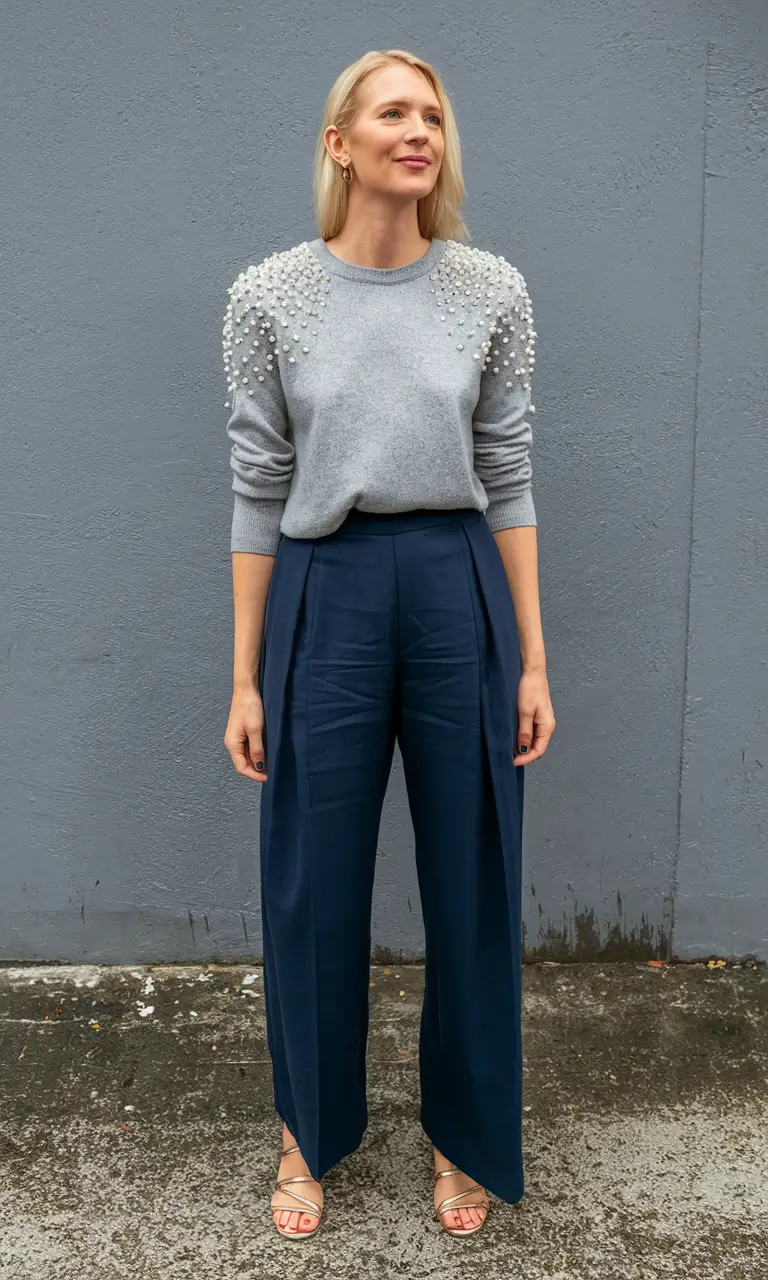 fall fashion outfits ideas 2025 – Pearl-Shoulder Sweater & Midnight Trousers
