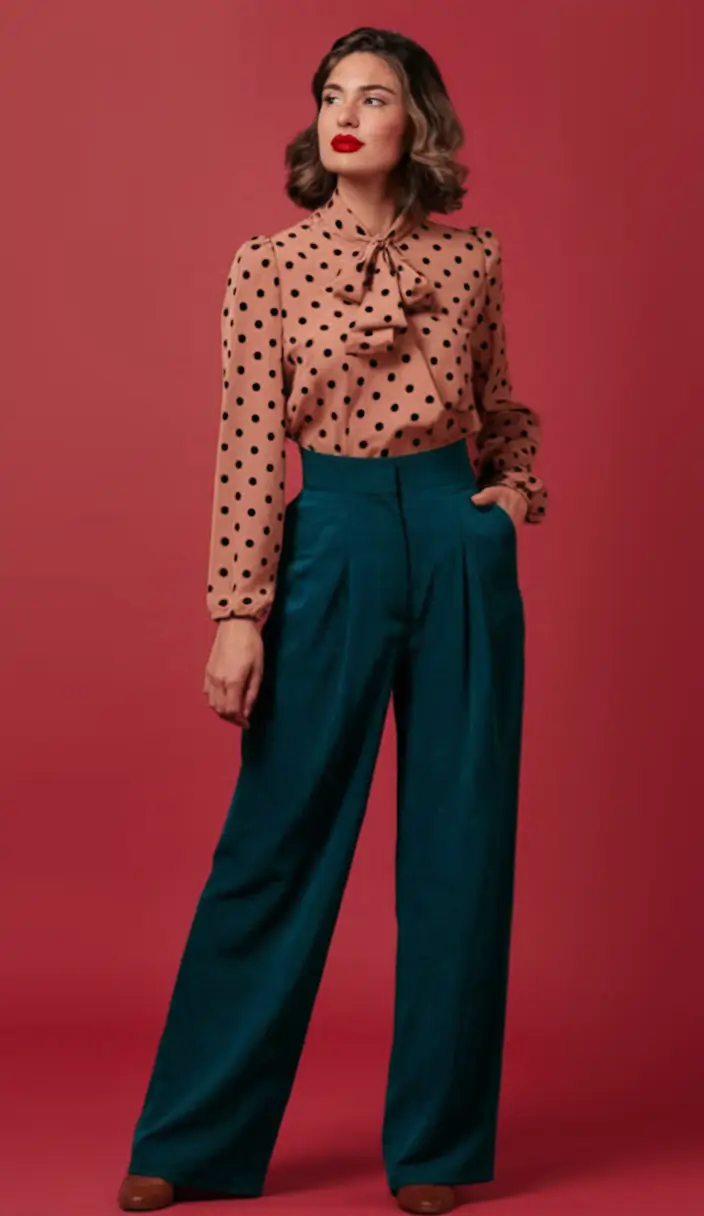 fall fashion outfits ideas 2025 – Retro Polka & Teal Tailoring