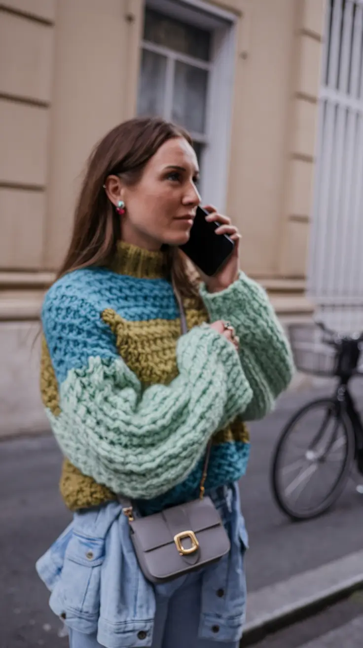 fall fashion outfits ideas 2025 – Color-Block Knit & Denim Remix