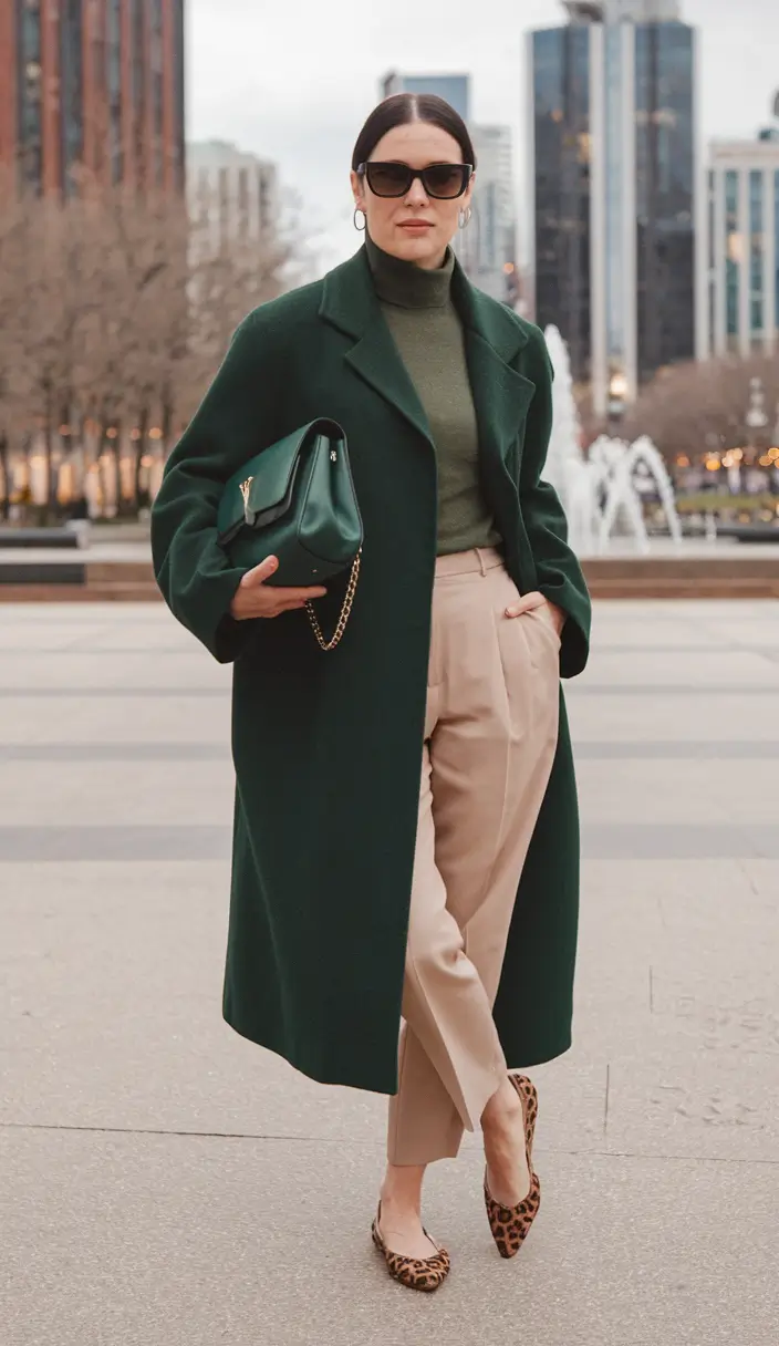 fall fashion trends women Emerald Coat & City-Chic Neutrals