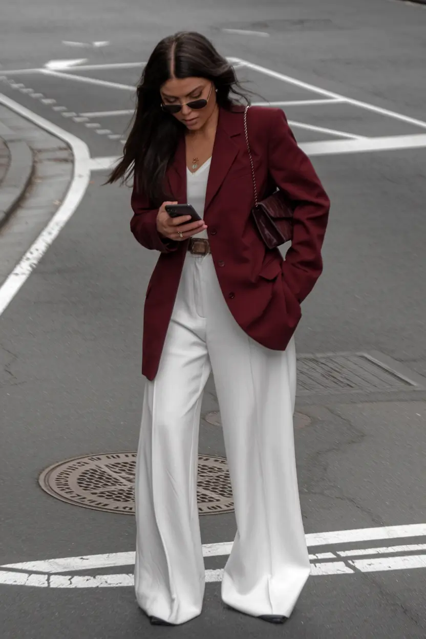 fall fashion trends women Merlot Blazer & Winter-White Flow