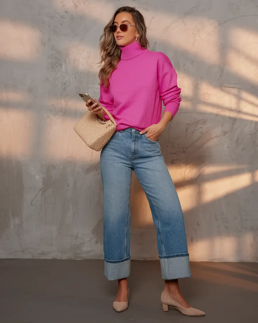 fall fashion trends women Bubble-Gum Turtleneck & Cuffed-Denim Play
