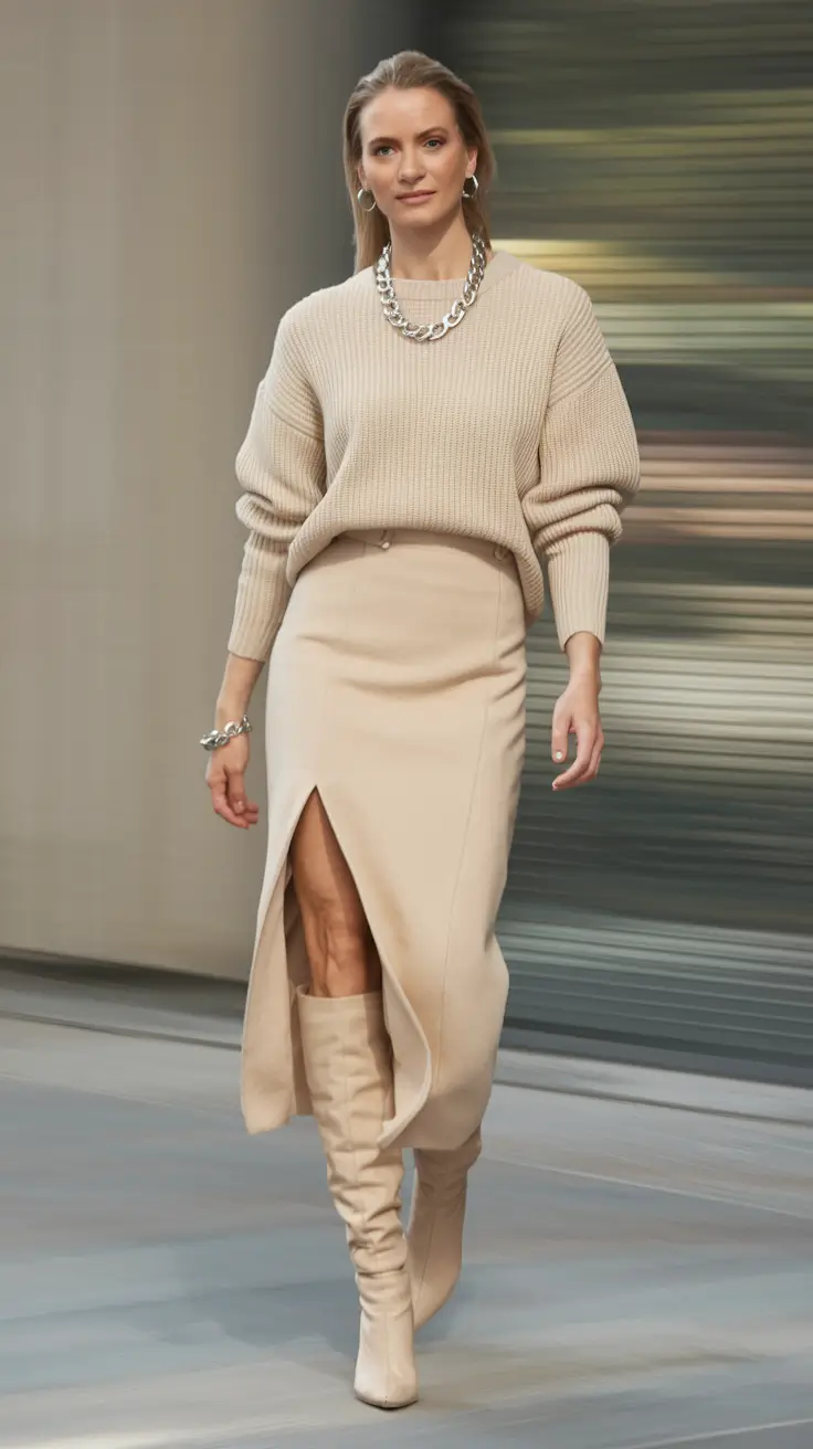 fall fashion trends women 2025 Creamy Knit Sweater, Slit Skirt & Boots That Blend