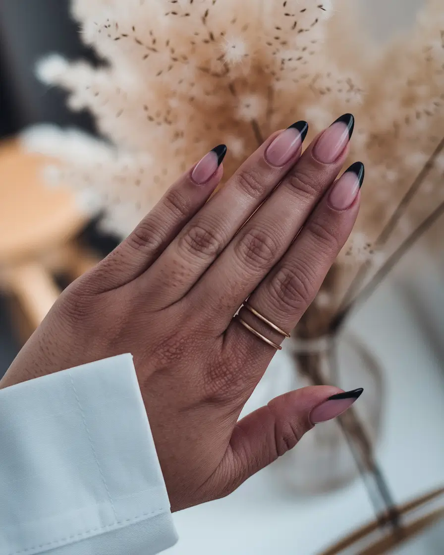 Fall French Tip Nails Ideas 2025 Timeless Black Almond Tips