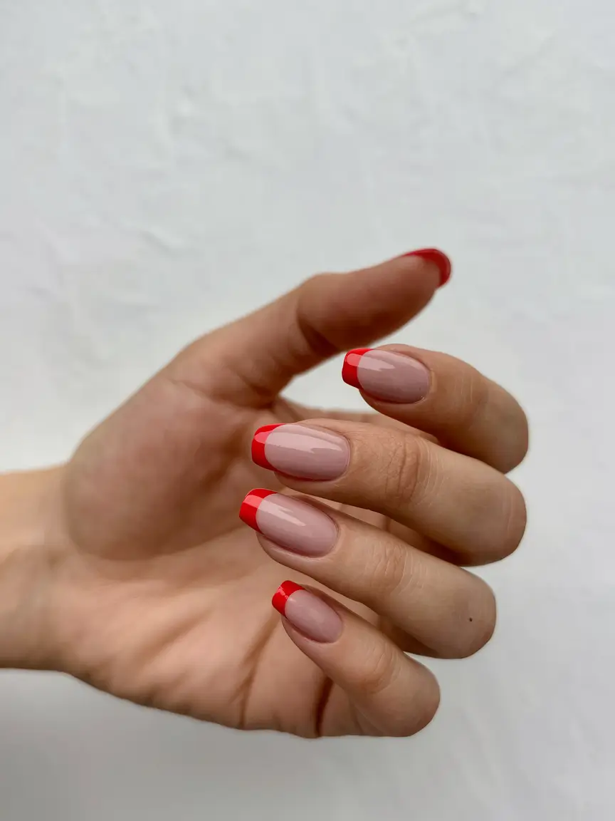 Fall French Tip Nails Ideas 2025 Red-Tipped Retro Square