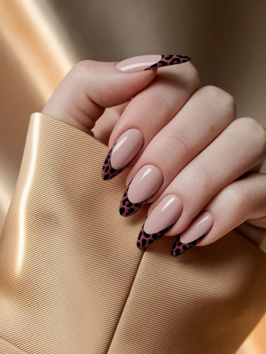 Fall French Tip Nails Ideas 2025 Leopard-Tipped Stiletto Glam