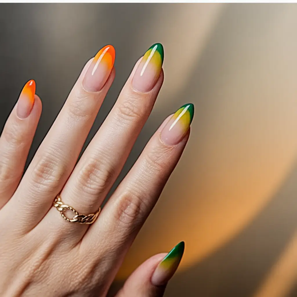 Fall French Tip Nails Ideas 2025 Sunset Ombre Almond Fade