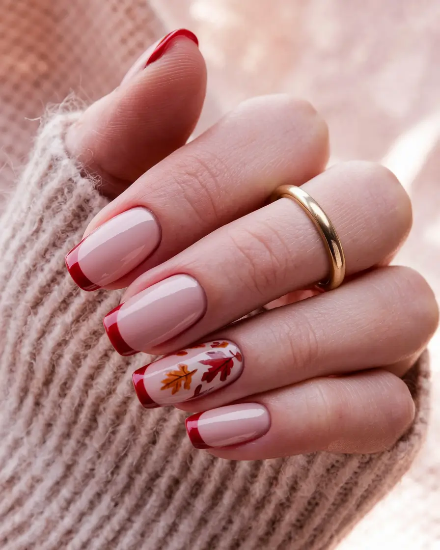 Fall French Tip Nails Ideas 2025 Maple Leaf Accents on Cherry Red Tips