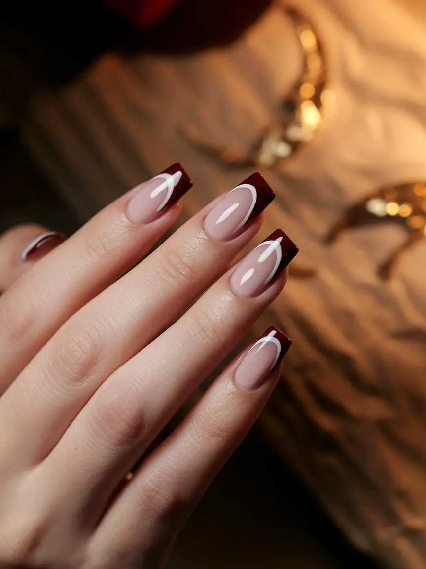 Fall French Tip Nails Ideas 2025 Burgundy Block Tips with White Swirl