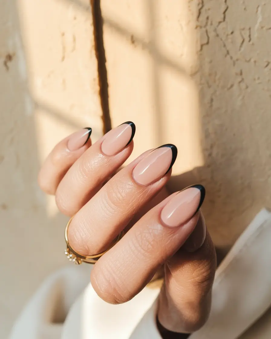 Fall French Tip Nails Ideas 2025 Sharp Black Almond Elegance