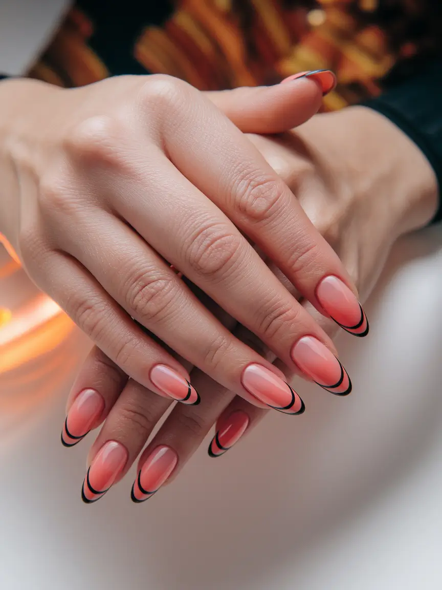 Fall French Tip Nails Ideas 2025 Tangerine Fade with Graphic Lines
