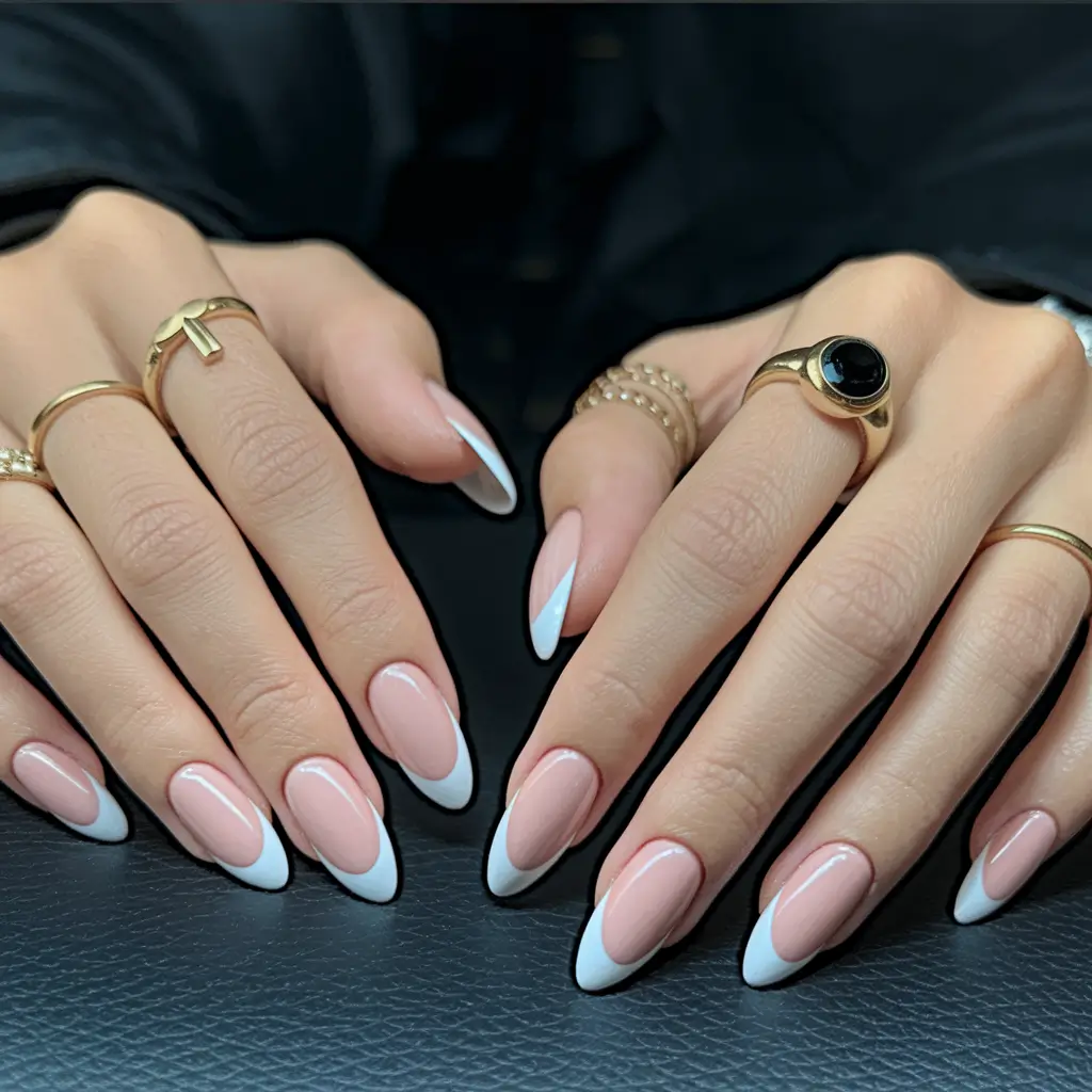 Fall French Tip Nails Ideas 2025 Classic White on Almond