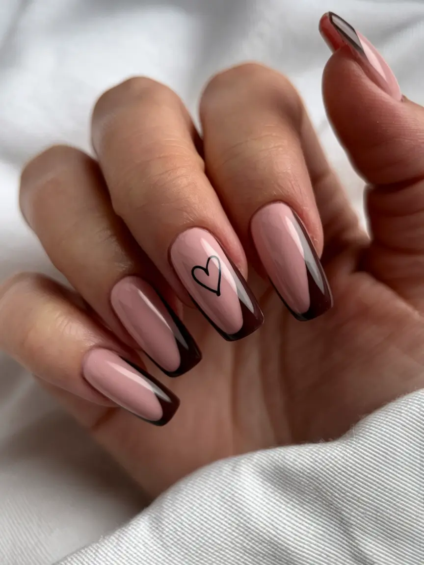 Fall French Tip Nails Ideas 2025 Dark Cocoa Coffin with Heart Detail