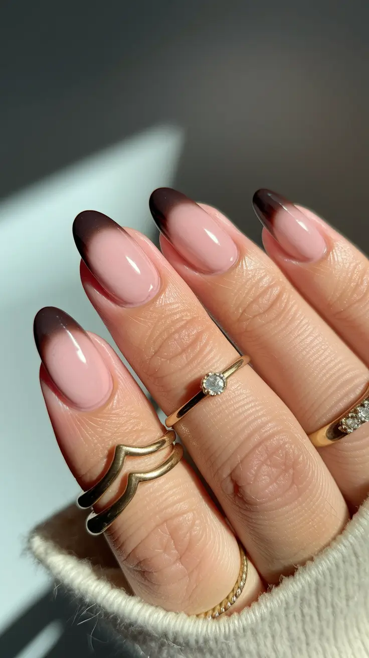 Fall French Tip Nails Ideas 2025 Chocolate Fade Ombré