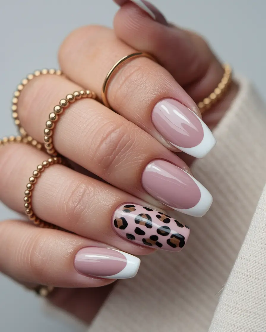 Fall French Tip Nails Ideas 2025 Wild Chic French with Leopard Accent