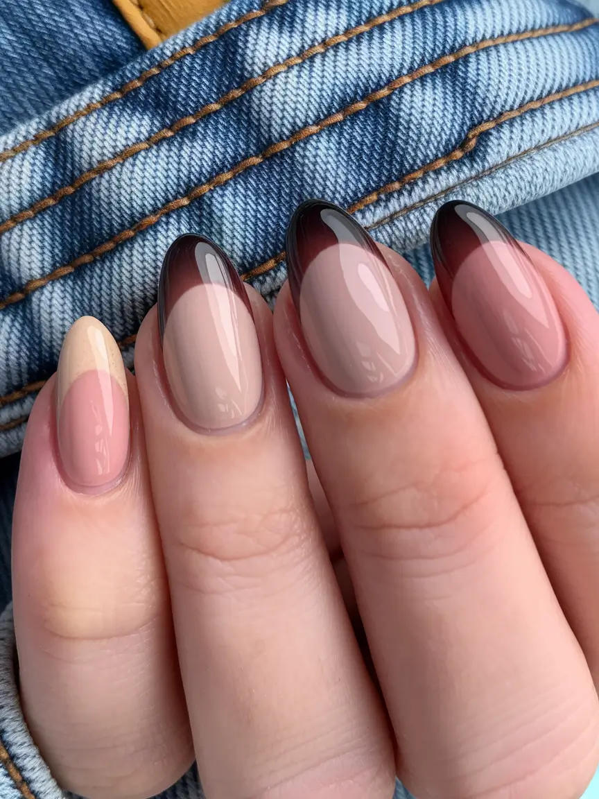 Fall French Tip Nails Ideas 2025 Chocolate Glazed Ombré Almond