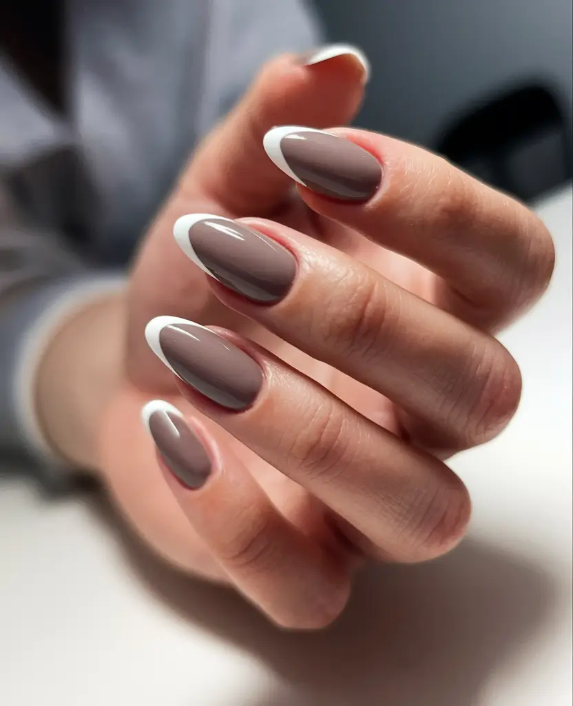 Fall French Tip Nails Ideas 2025 Warm Mocha with White Detail