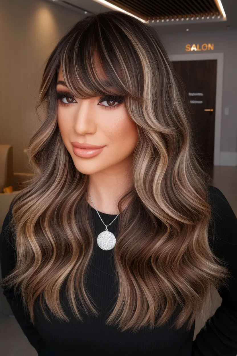 fall hair color ideas 2025 Bronde Layers with Soft Bangs