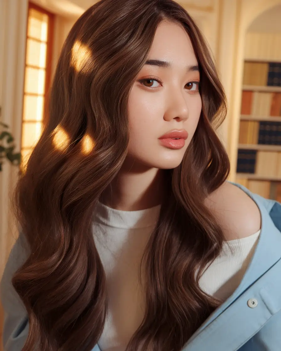 fall hair color ideas 2025 Mocha-Latte Vanity Waves