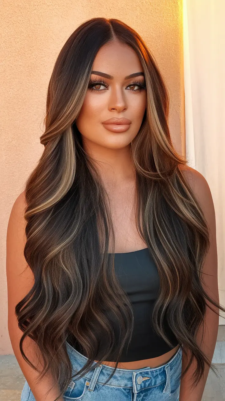 fall hair color ideas 2025 Caramel-Ribboned Brunette Luxe