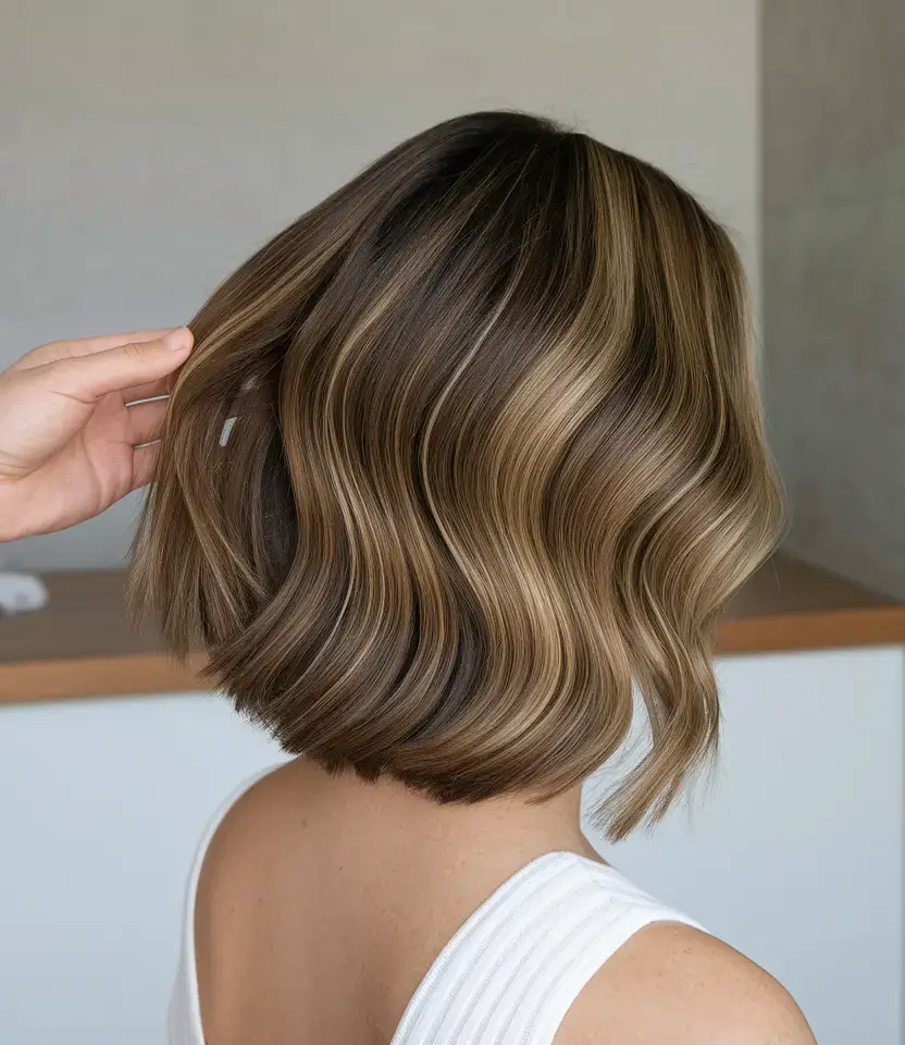 balayage medium Wavy Caramel Bob with Glossed Ends