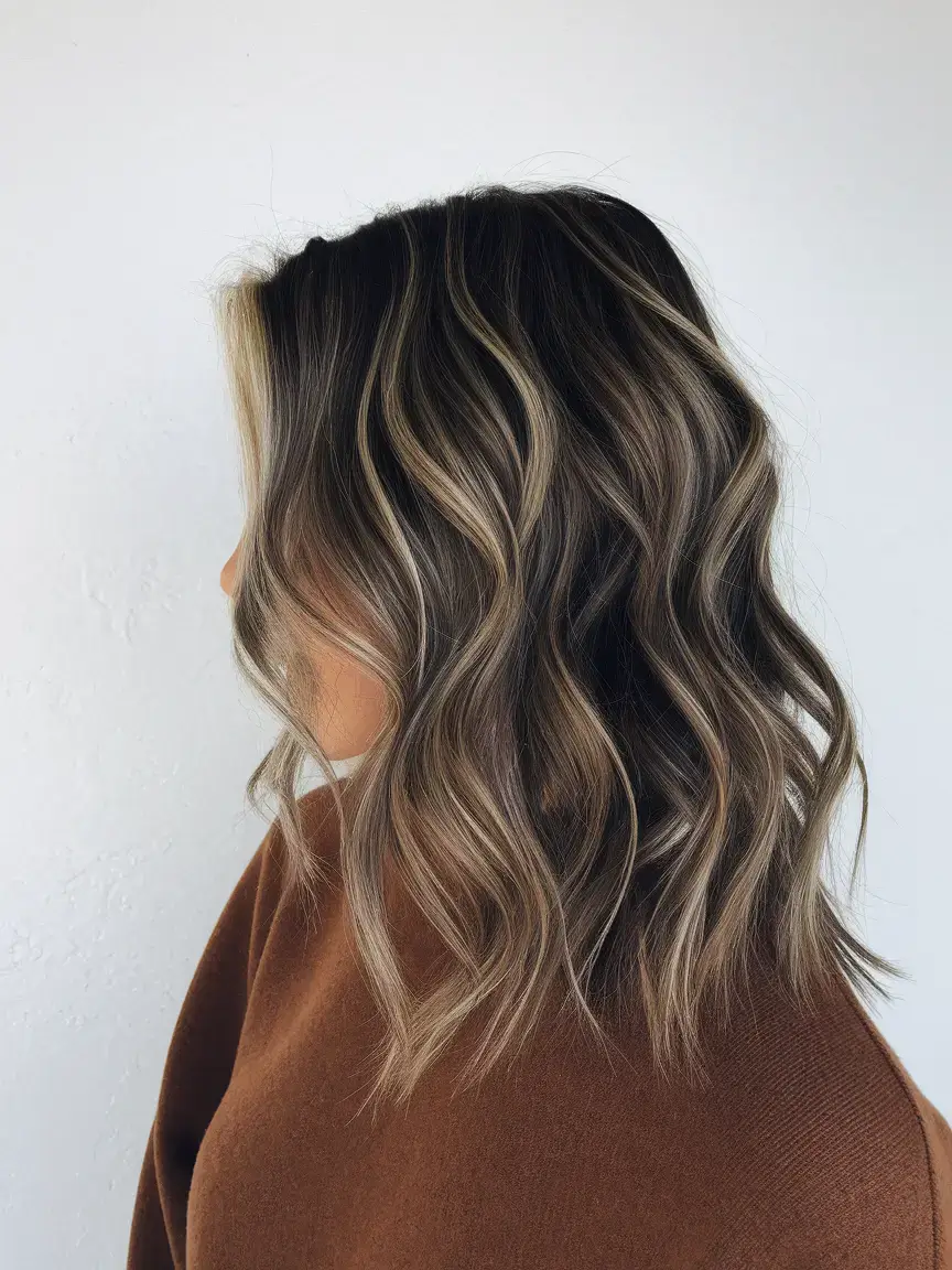 balayage medium Cool Brunette with Smoky Beige Dimension