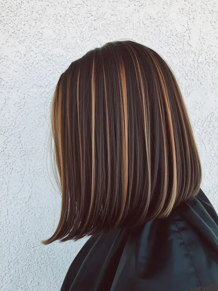 fall brunette hair color balayage medium Copper-Striped Contrast Bob