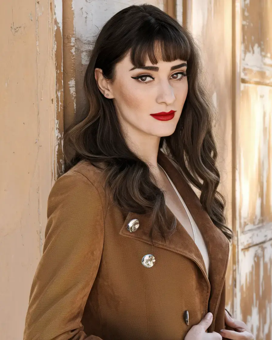 balayage medium brown Retro Curls with Parisian Bangs