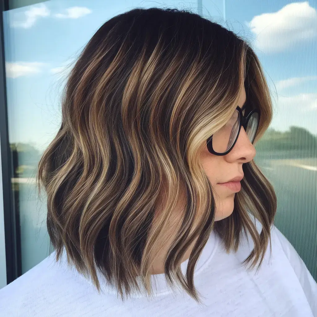 fall brunette hair color money piece Chunky Ribbon Balayage for a Power Bob