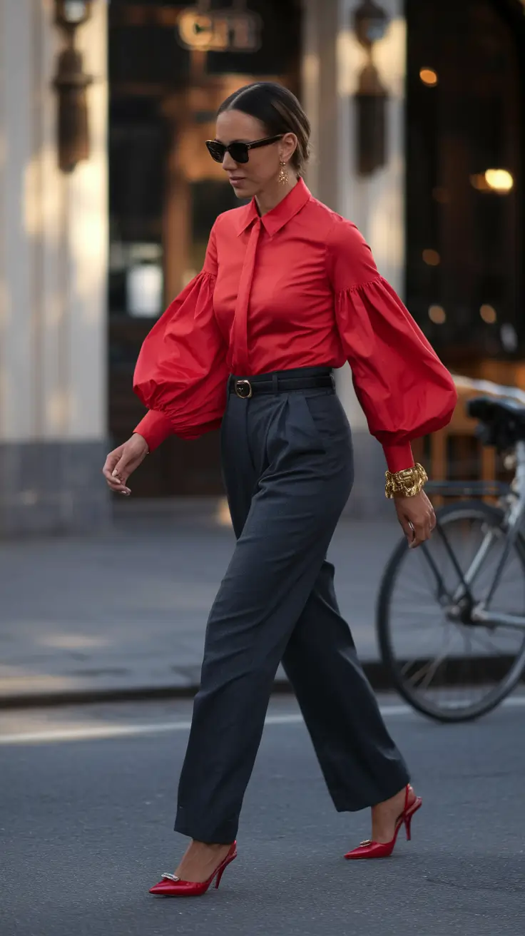 fall office outfits for women ideas 2025 Sculptural Red Blouse & Charcoal Trousers