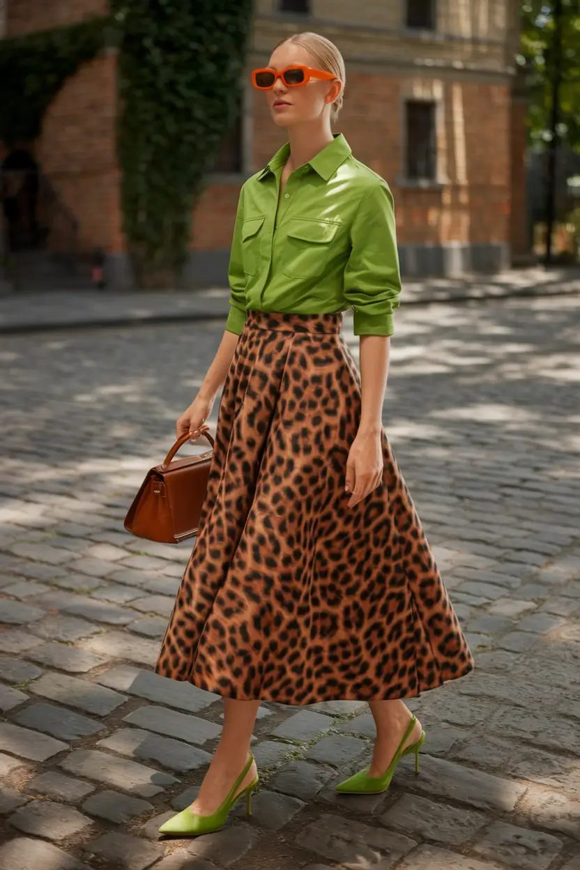 fall office outfits for women ideas 2025 Wild Print with a Pop of Chartreuse