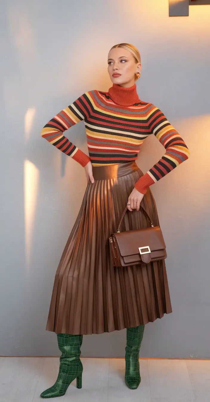 fall office outfits for women ideas 2025 Striped Turtleneck & Pleated Leather Elegance