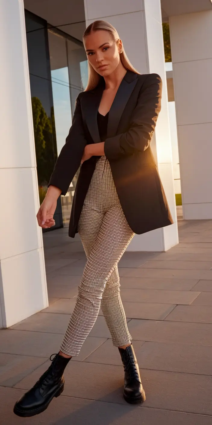 fall office outfits for women ideas 2025 Tux-Blazer Edge & Mini-Check Trousers